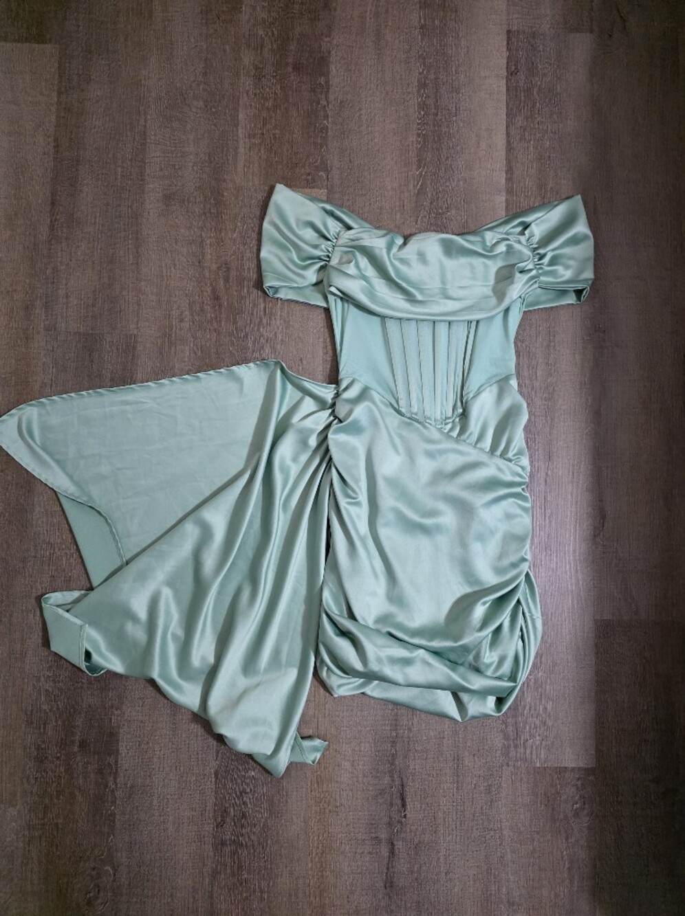 Off-Shoulder Satin Slip Dress in Mint Green